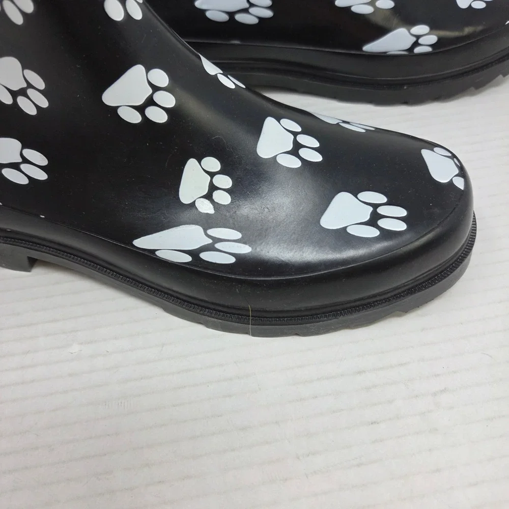 Norty Rain Boots Women 8 Black Paw Print Waterproof Chelsea Lug Sole 654 NWT - Picture 11 of 16